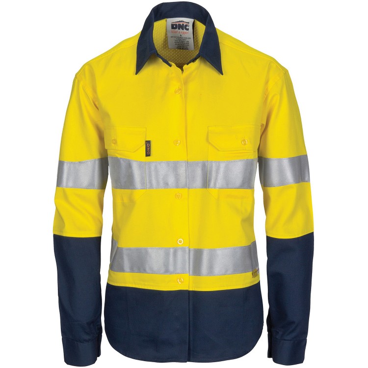 Ladies HiVis 3 Way Cool-Breeze Cotton Shirt with Gusset Sleeve, 3M R/Tape - Long Sleeve
