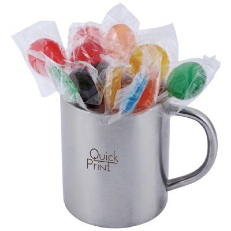 Logo Line Assorted Colour Lollipops in Double Wall Stainless Steel Barrel Mug | LL8627
