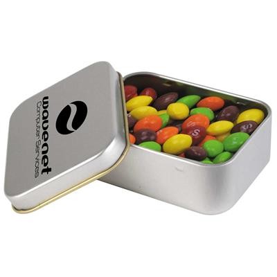 Logo Line Assorted Fruit Skittles in Silver Rectangular Tin | LL0384