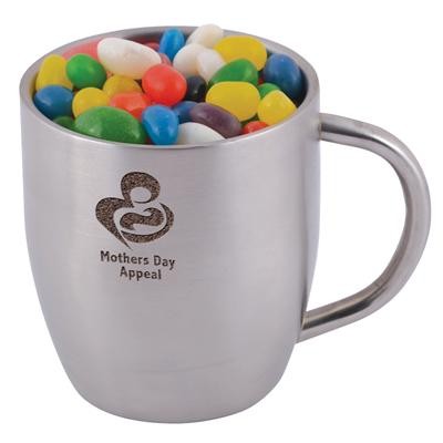 Logo Line Assorted Colour Mini Jelly Beans in Stainless Steel Double Wall Curved Mug | LL8643