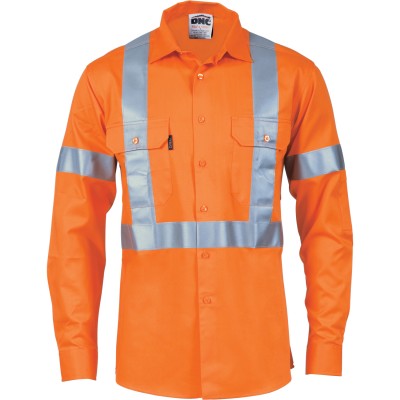 Hivis Cool-breeze Cotton Shirt With ‘x’ Back & Additional 3m R/tape On Tail - Long Sleeve