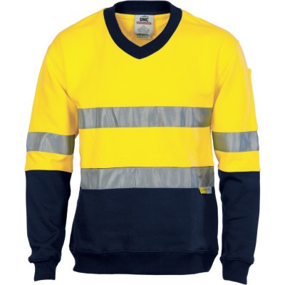 HiVis Two Tone Cotton Fleecy Sweat Shirt V-Neck with 3M R/Tape