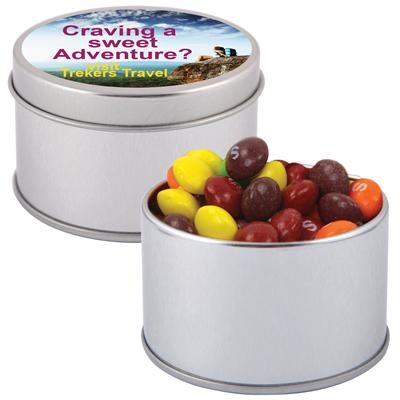 Logo Line Assorted Fruit Skittles in Silver Round Tin | LL0385