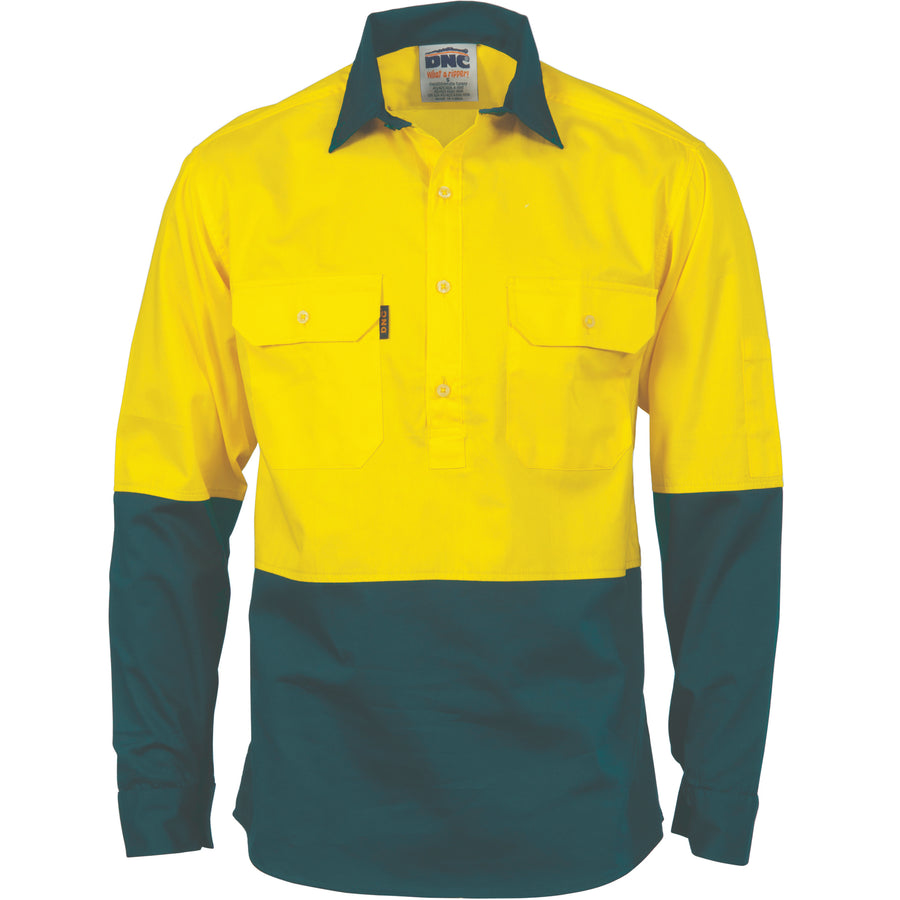 HiVis Two Tone Close Front Cotton Drill Shirt - long sleeve Guss et Sleeve