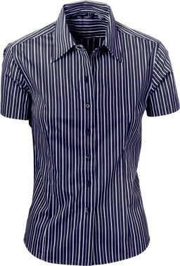 Ladies Stretch Yarn Dyed Contrast Stripe Sh irts -Short Sleeve