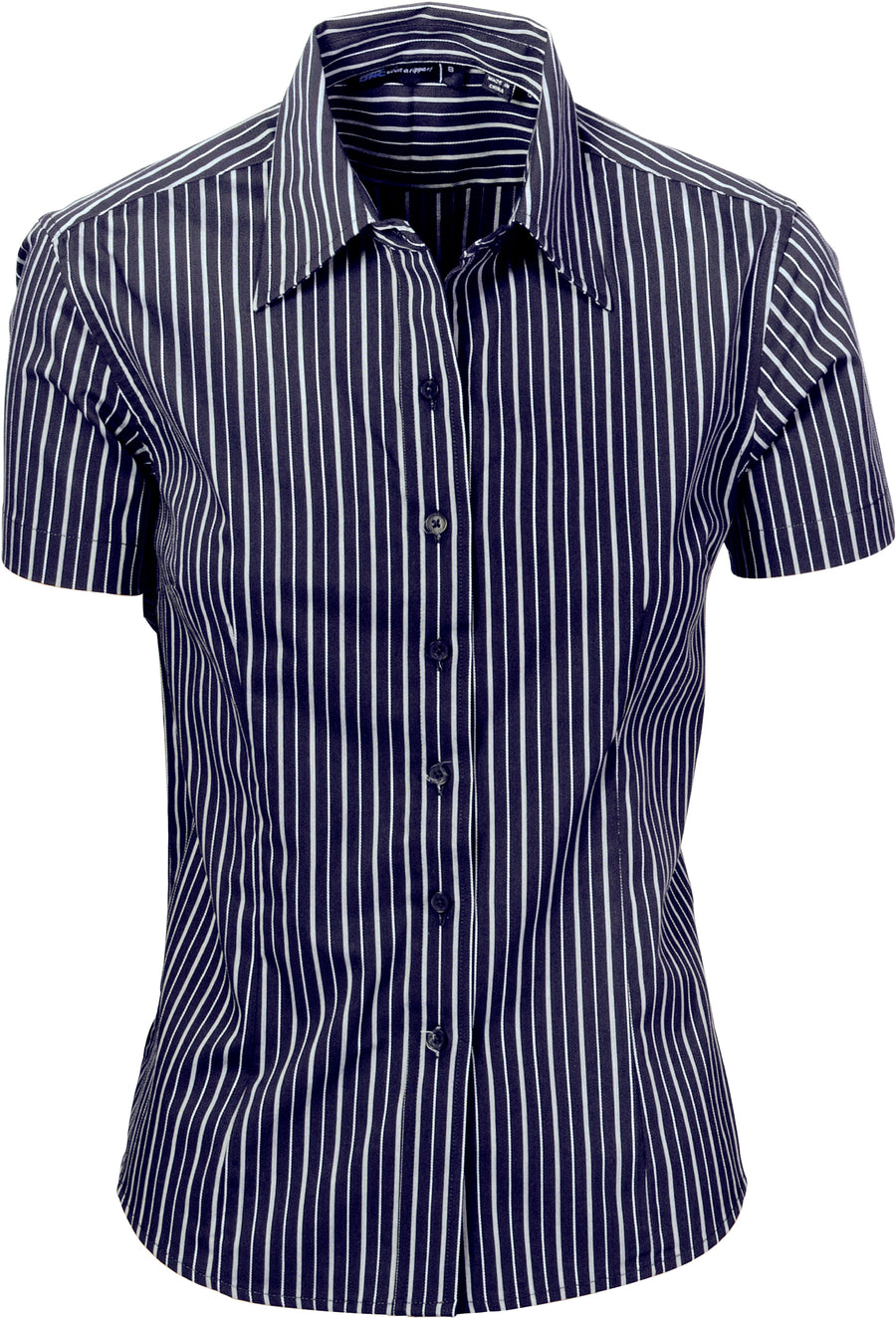 Ladies Stretch Yarn Dyed Contrast Stripe Sh irts -Short Sleeve
