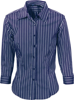 Ladies Stretch Yarn Dyed Contrast Stripe Sh irts - 3/4 Sleeve