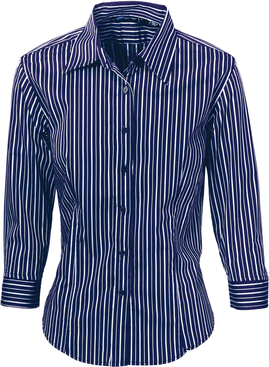 Ladies Stretch Yarn Dyed Contrast Stripe Sh irts - 3/4 Sleeve