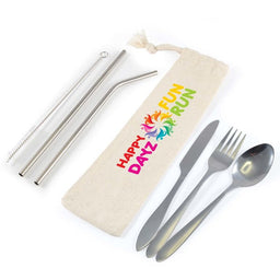 Banquet Stainless Steel Cutlery & Straw Set in Calico Pouch - LL8800